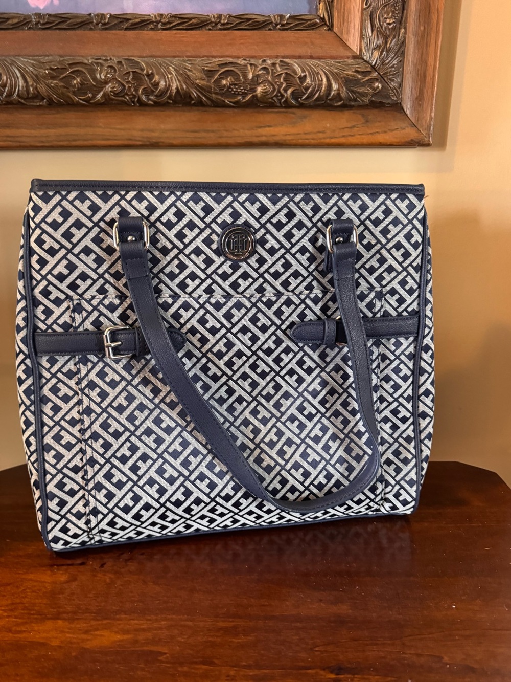 Tommy Hilfiger Navy & White Monogram Canvas Tote - NWT